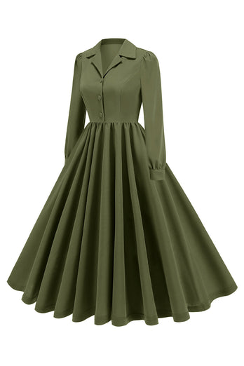 Armeegrünes plissiertes Kleid aus den 1950er Jahren mit gekerbtem Revers und langen Ärmeln