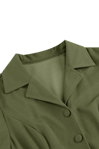 Armeegrünes plissiertes Kleid aus den 1950er Jahren mit gekerbtem Revers und langen Ärmeln