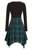 Laden Sie das Bild in den Galerie-Viewer, Schwarzes Vintage Kleid mit Rundhalsausschnitt und kariertem Spleißen mit langen Ärmeln und unregelmäßigem Saum