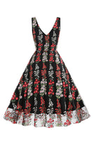 Laden Sie das Bild in den Galerie-Viewer, Schwarzes ärmelloses elegantes Vintage Kleid mit floraler Spitzenstickerei