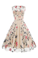 Laden Sie das Bild in den Galerie-Viewer, Aprikose Elegantes geblümtes besticktes ärmelloses Midi Vintage Kleid
