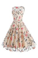 Laden Sie das Bild in den Galerie-Viewer, Aprikose Elegantes geblümtes besticktes ärmelloses Midi Vintage Kleid