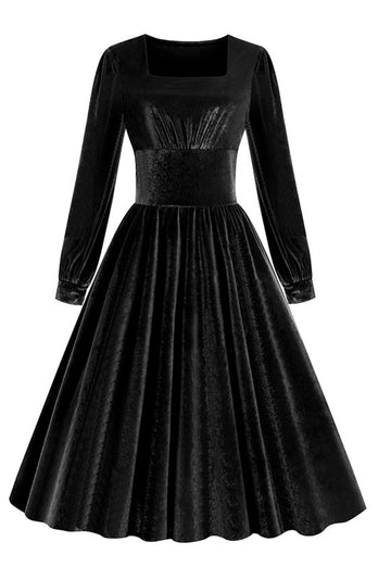 Schwarzes A Linie Langärmeliges plissiertes Vintage Kleid aus den 1950er Jahren