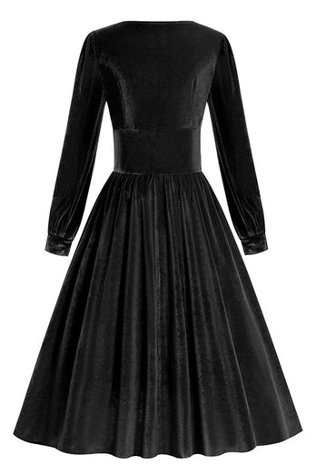 Schwarzes A Linie Langärmeliges plissiertes Vintage Kleid aus den 1950er Jahren