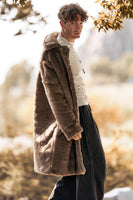 Laden Sie das Bild in den Galerie-Viewer, Flauschiger gekerbtes Revers Kunstpelz Langer Khaki Herrenmantel