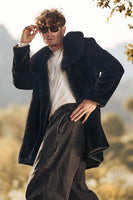 Laden Sie das Bild in den Galerie-Viewer, Schwarzer Luxus Kunstpelz Winter Langer Herrenmantel mit langen Ärmeln