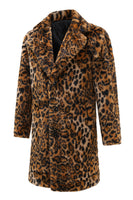 Laden Sie das Bild in den Galerie-Viewer, Mittellanger brauner Herren Wintermantel aus Kunstpelz mit Leopardenmuster und Reverskragen