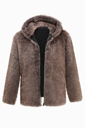 Khaki Herren Winter Kunstpelz Mantel mit Kapuze