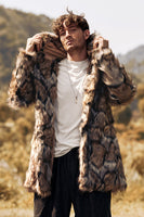 Laden Sie das Bild in den Galerie-Viewer, Brauner dicker langer Kapuzen Langarm Winter Kunstpelzmantel für Herren