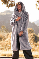 Laden Sie das Bild in den Galerie-Viewer, Grauer langärmeliger Wintermantel aus Kunstpelz mit Kapuze
