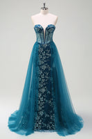 Laden Sie das Bild in den Galerie-Viewer, Glitzerndes Pfauenblau Meerjungfrau Korsett Langes Ballkleid mit Schlitz