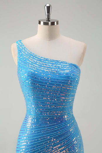 Glitzernde Pailletten Blaues Bodycon Kurzes Cocktailkleid mit einer Schulter