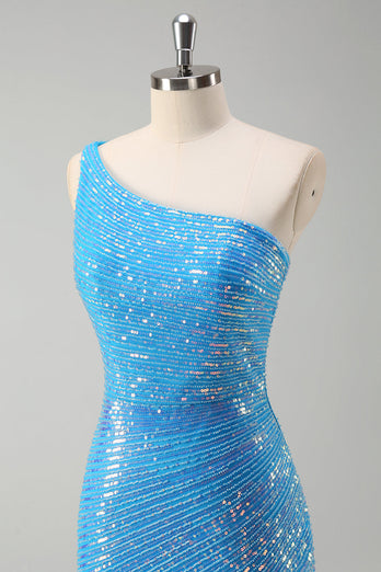 Glitzernde Pailletten Blaues Bodycon Kurzes Cocktailkleid mit einer Schulter