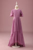 Laden Sie das Bild in den Galerie-Viewer, Vintage Mauve A Linie Rüschen Chiffon Junior Brautjungfernkleid mit kurzen Ärmeln