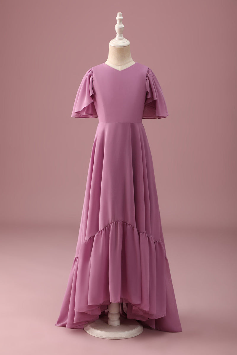 Laden Sie das Bild in den Galerie-Viewer, Vintage Mauve A Linie Rüschen Chiffon Junior Brautjungfernkleid mit kurzen Ärmeln