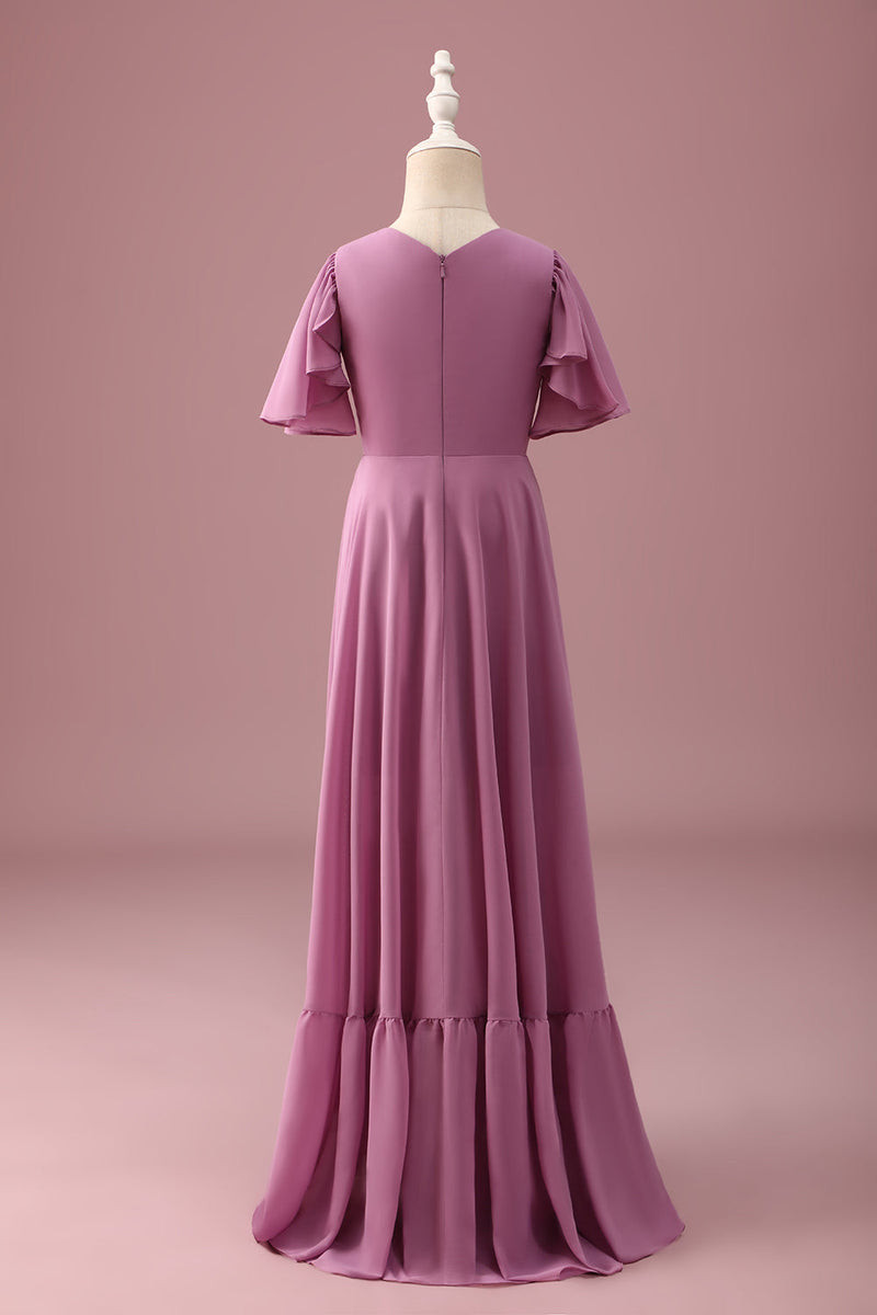 Laden Sie das Bild in den Galerie-Viewer, Vintage Mauve A Linie Rüschen Chiffon Junior Brautjungfernkleid mit kurzen Ärmeln