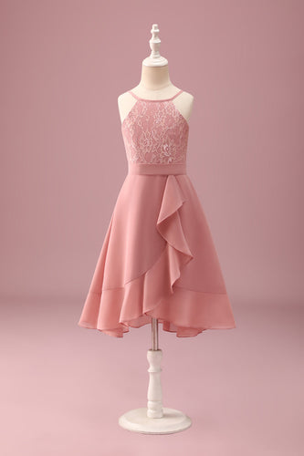 Blush Neckholder A-Linie Chiffon Junior-Brautjungfernkleid mit Rüschen