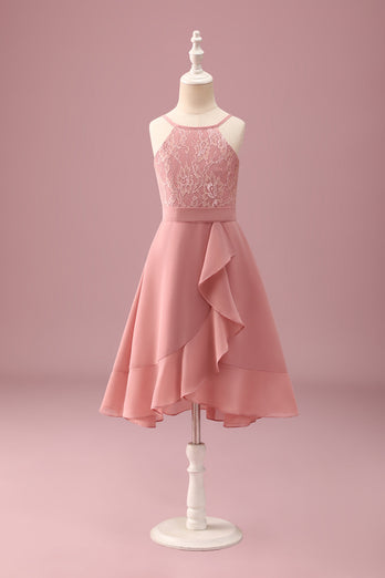 Blush Neckholder A-Linie Chiffon Junior-Brautjungfernkleid mit Rüschen