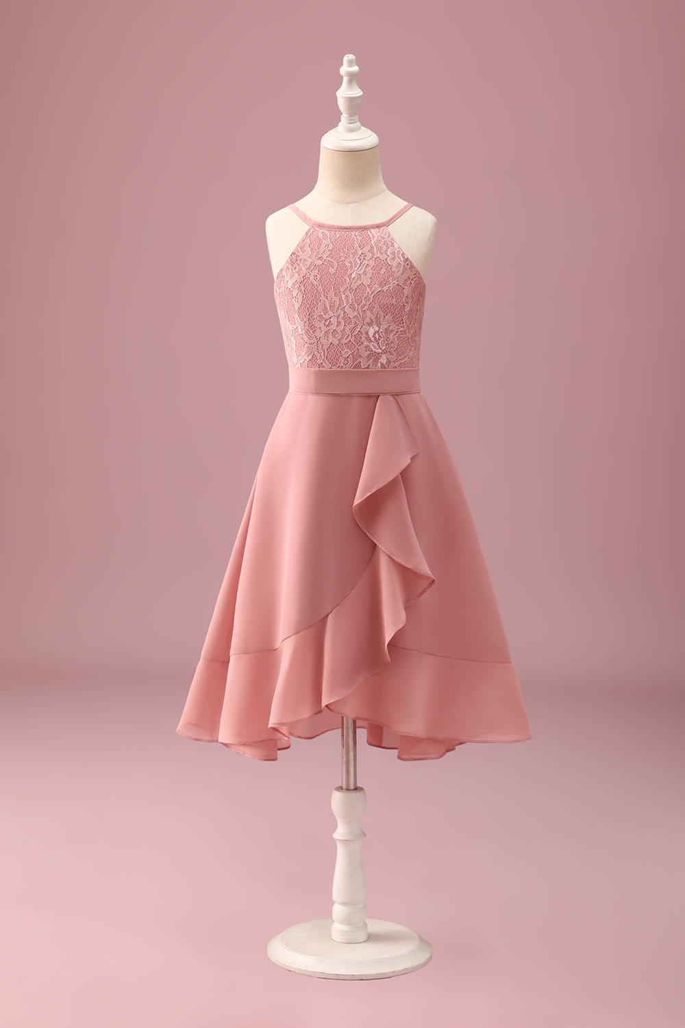 Blush Neckholder A-Linie Chiffon Junior-Brautjungfernkleid mit Rüschen