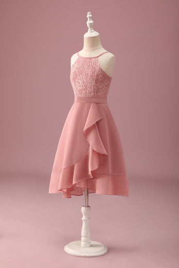 Blush Neckholder A-Linie Chiffon Junior-Brautjungfernkleid mit Rüschen