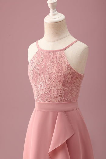 Blush Neckholder A-Linie Chiffon Junior-Brautjungfernkleid mit Rüschen