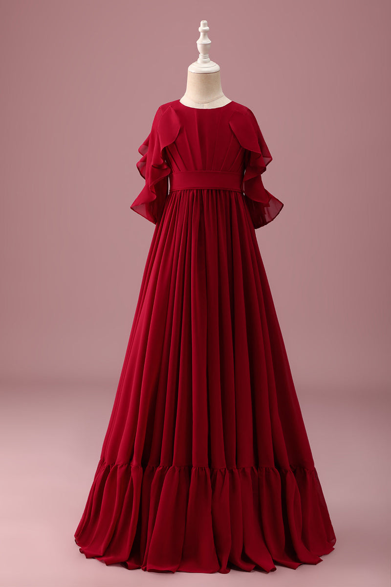 Laden Sie das Bild in den Galerie-Viewer, Burgundy A-Linie Chiffon Langes Junior-Brautjungfernkleidkleid mit Rundhalsausschnitt und halben Ärmeln