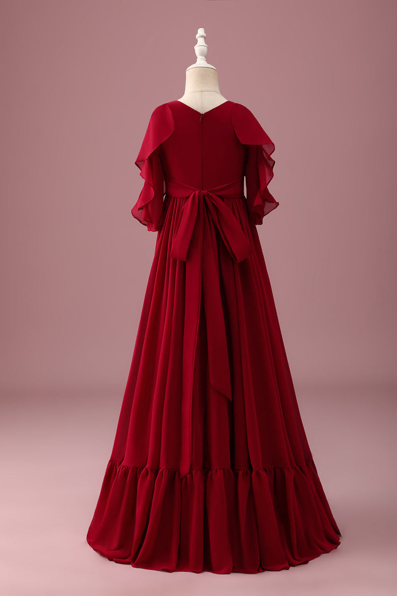 Laden Sie das Bild in den Galerie-Viewer, Burgundy A-Linie Chiffon Langes Junior-Brautjungfernkleidkleid mit Rundhalsausschnitt und halben Ärmeln