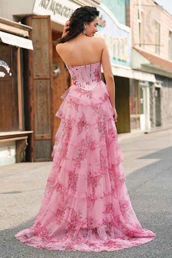 Blumen A Linie Trägerloses Korsett Gestuftes Blush Ballkleid mit Schlitz