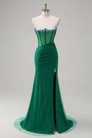 Laden Sie das Bild in den Galerie-Viewer, Orange Spaghettiträger Perlenbesetztes Korsett Meerjungfrau Ballkleid