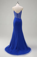 Laden Sie das Bild in den Galerie-Viewer, Orange Spaghettiträger Perlenbesetztes Korsett Meerjungfrau Ballkleid