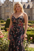 Laden Sie das Bild in den Galerie-Viewer, Schwarzes Meerjungfrauen Spaghettiträger Langes Plus Size Ballkleid mit Schnürung