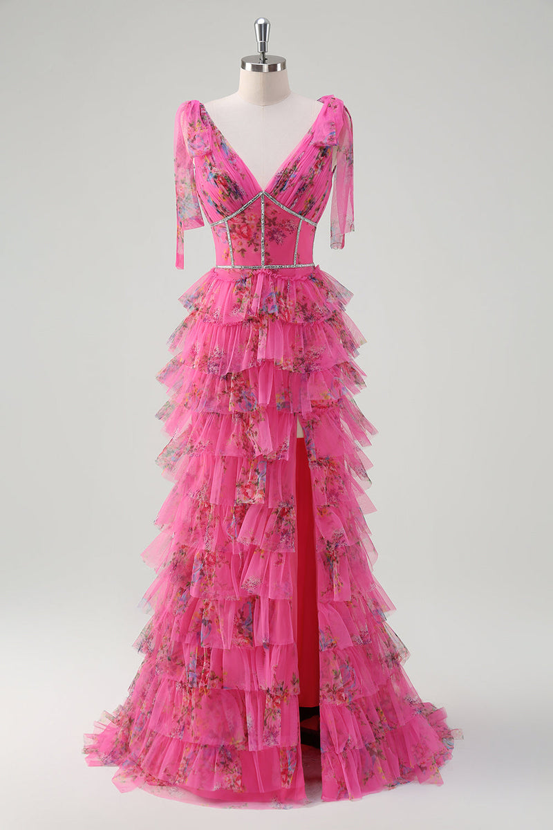 Laden Sie das Bild in den Galerie-Viewer, Fuchsia V-Ausschnitt Ballkleid mit Rüschen und Schlitz