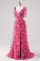 Laden Sie das Bild in den Galerie-Viewer, Fuchsia V-Ausschnitt Ballkleid mit Rüschen und Schlitz