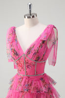 Laden Sie das Bild in den Galerie-Viewer, Fuchsia V-Ausschnitt Ballkleid mit Rüschen und Schlitz