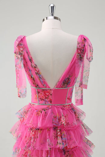 Fuchsia V-Ausschnitt Ballkleid mit Rüschen und Schlitz