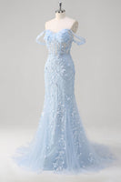 Laden Sie das Bild in den Galerie-Viewer, Blaues Meerjungfrau Schulterfreies Pailletten Korsett Ballkleid mit Blumenmuster