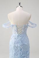 Laden Sie das Bild in den Galerie-Viewer, Blaues Meerjungfrau Schulterfreies Pailletten Korsett Ballkleid mit Blumenmuster