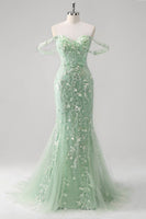 Laden Sie das Bild in den Galerie-Viewer, Blaues Meerjungfrau Schulterfreies Pailletten Korsett Ballkleid mit Blumenmuster