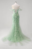 Laden Sie das Bild in den Galerie-Viewer, Blaues Meerjungfrau Schulterfreies Pailletten Korsett Ballkleid mit Blumenmuster