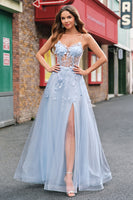 Laden Sie das Bild in den Galerie-Viewer, ZAPAKA Damen Blaues A Linie Ballkleid Blumen Spaghettiträger V-Ausschnitt Appliziertes Korsett Langes Abendkleid mit Tüll 