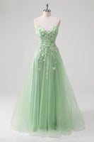 Laden Sie das Bild in den Galerie-Viewer, Blaues Langes A-Linie Korsett Tüll Ballkleid mit Spaghettiträgern und Applikationen