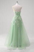 Laden Sie das Bild in den Galerie-Viewer, Blaues Langes A-Linie Korsett Tüll Ballkleid mit Spaghettiträgern und Applikationen