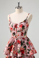 Laden Sie das Bild in den Galerie-Viewer, A Linie gestuftes graues rosa Spaghettiträger geblümtes langes Ballkleid