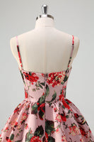 Laden Sie das Bild in den Galerie-Viewer, A Linie gestuftes graues rosa Spaghettiträger geblümtes langes Ballkleid