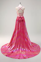 Laden Sie das Bild in den Galerie-Viewer, Fuchsia A-Linie Spaghettiträger Langes Ballkleid mit Plissee in Metallik mit Schlitz