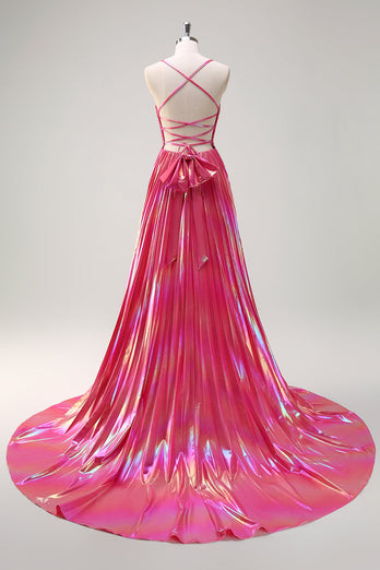 Fuchsia A-Linie Spaghettiträger Langes Ballkleid mit Plissee in Metallik mit Schlitz