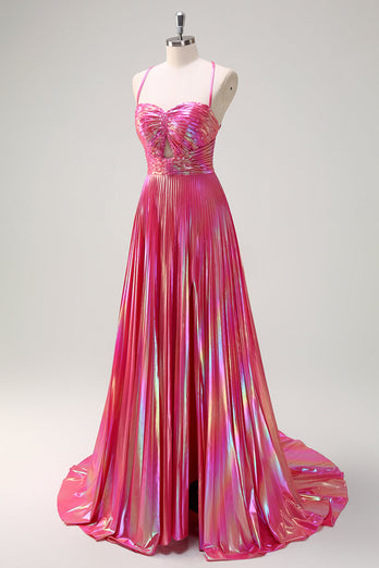 Fuchsia A-Linie Spaghettiträger Langes Ballkleid mit Plissee in Metallik mit Schlitz