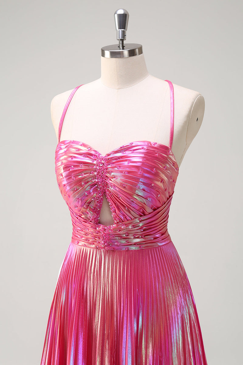 Laden Sie das Bild in den Galerie-Viewer, Fuchsia A-Linie Spaghettiträger Langes Ballkleid mit Plissee in Metallik mit Schlitz