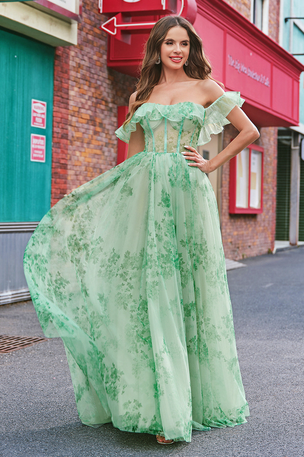 Blumen A Linie Schulterfreies Korsett Langes Grünes Ballkleid