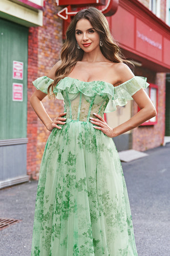 Blumen A Linie Schulterfreies Korsett Langes Grünes Ballkleid